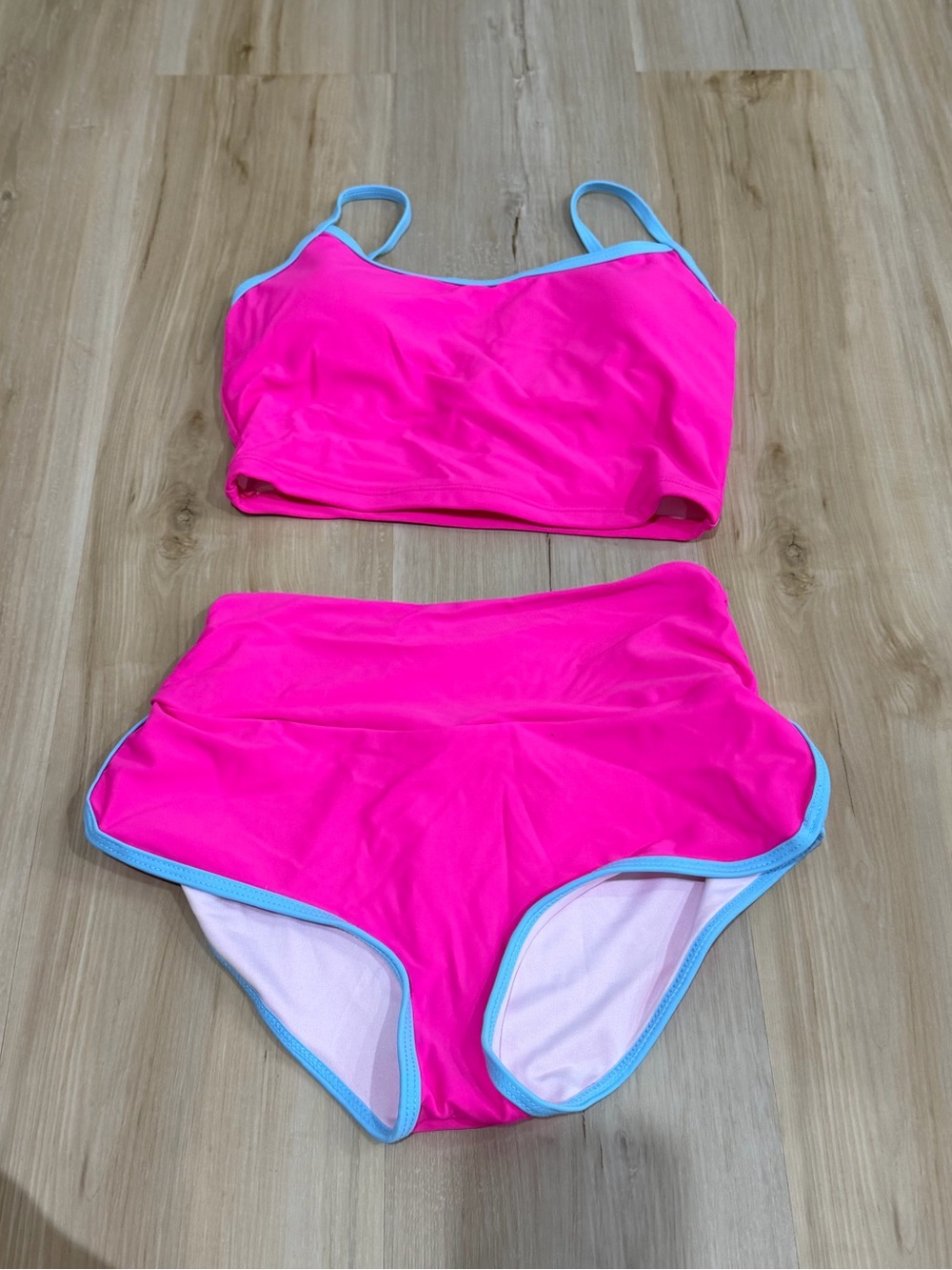 Hot Pink Two-Piece Bikini with Light Blue Trim